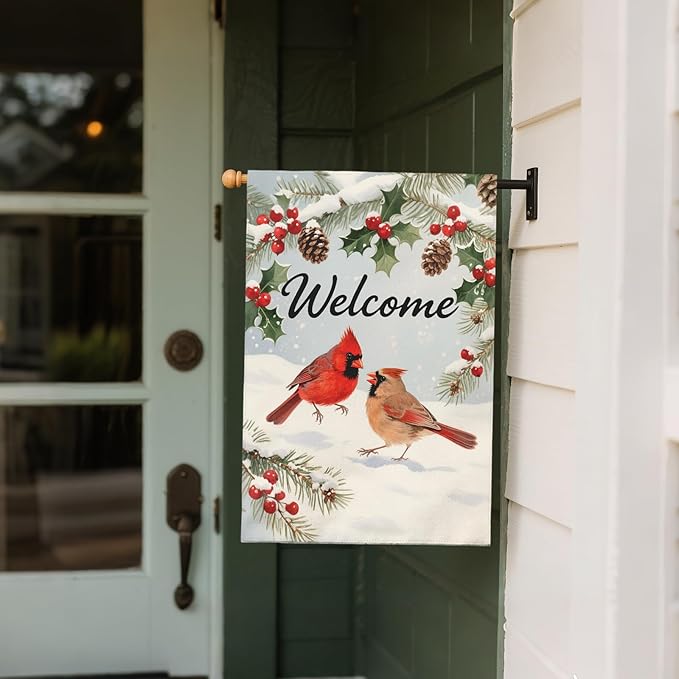 Welcome Winter House Flag 28x40 Inch Cardinal Bird Snow Scene Christmas Holiday Seasonal Decorative Garden Flags for Outside Double Sided Outdoor Home Farmhouse Decoration Porch Yard New Year Decor