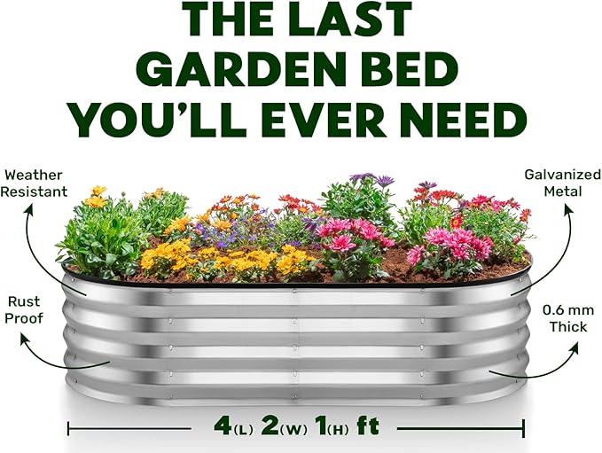White & Silver Galvanized Metal Raised Garden Bed for Outdoor Gardening 4×2×1 ft // Easy-to-Assemble Garden Bed Kit for Vegetables and Plants // Sturdy Steel Raised Planter Box // Tool-Free Assembly