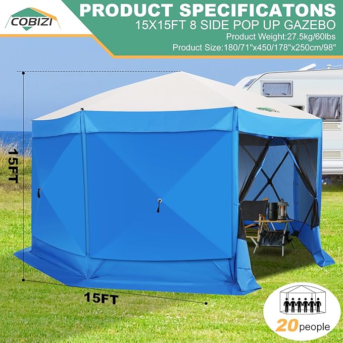COBIZI 15x15 FT Pop Up Gazebo - Canopy Tent, Large Gazebos On Clearance with Sidewalls, Screened in Gazebo,carpas para Patio,Portable Screen Tents for 12-15 Persons Outdoor Camping, Backyard, Blue