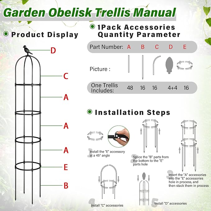 Sadnyy 4 Pack 6 ft Garden Obelisk Trellis for Climbing Plants Outdoor- Heavy Duty Rustproof Metal Pipe with Plastic Coated Plant Trellis for Clematis Grape Pea Vines Tomatoes Cucumbers Flowers(Black)
