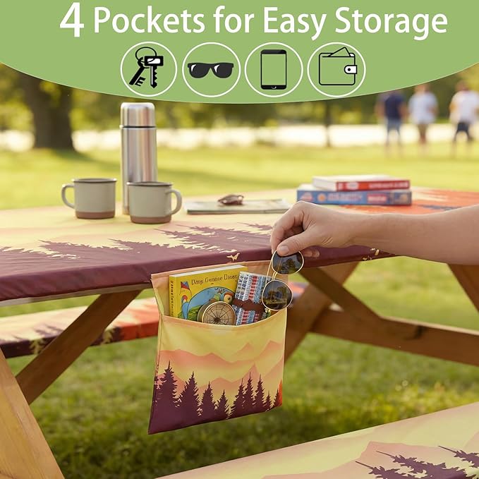 Fitted Waterproof Picnic Table Cover with Bench Covers Elastic Reusable Camping Table Cloths for 6Ft Rectangle Tables Summer Camp Motorhome Party Gear Outdoors Car Travel Trailer Gadgets Gift