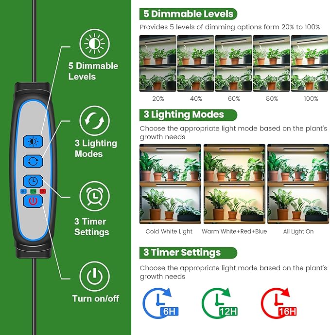 Wolezek Grow Light Strips for Indoor Plants, 630 LEDs Full Spectrum Plant Light for Indoor Growing with 6/12/16H Auto Timer, Grow Lamp Bar for Seedling Succulent, 13.8 Inches, 6 Pack