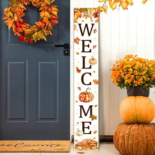 Thanksgiving Porch Sign, Fall Pumpkin Welcome Sign for Front Door, Autumn Truck Decor Yard Sign Thanksgiving Fall Standing Wood Signs Door Signs Indoor Outdoor Vertical Signs for Patio