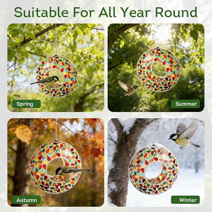 Lily's Home 6 Inches Glass Mosaic Hanging Bird Feeder for Outdoors Fly-Through Large Bird Feeder for Outdoor Garden Decor Backyard, Vibrant Gift for Animal Lovers, Green, Yellow Orange