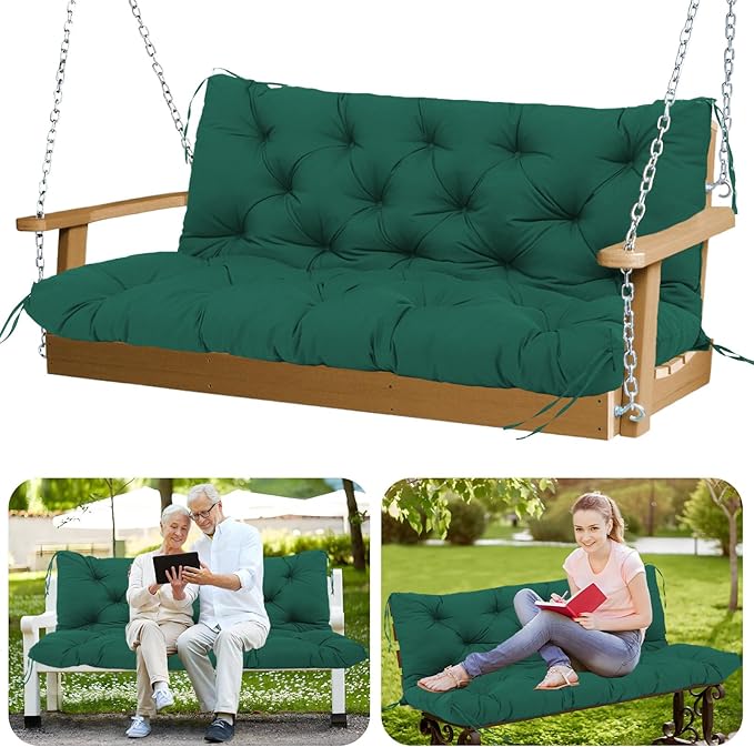Outdoor Swing Cushions 48 inch Waterproof Porch Swing Cushions 2-3 Seater Replacement with Backrest and Ties Swing Bench Cushions for Outdoor Furniture Patio Porch Backyard Garden(Dark Green)