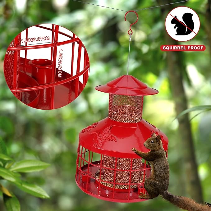 Squirrel Proof Bird Feeder with 3 Water Cups, 4.2LB Large Capacity Outdoor Hanging Bird Feeder with Metal Cage, One-Piece Design No Assembly Needed, Weather Resistant & Stylish for Garden, Yard (Red)