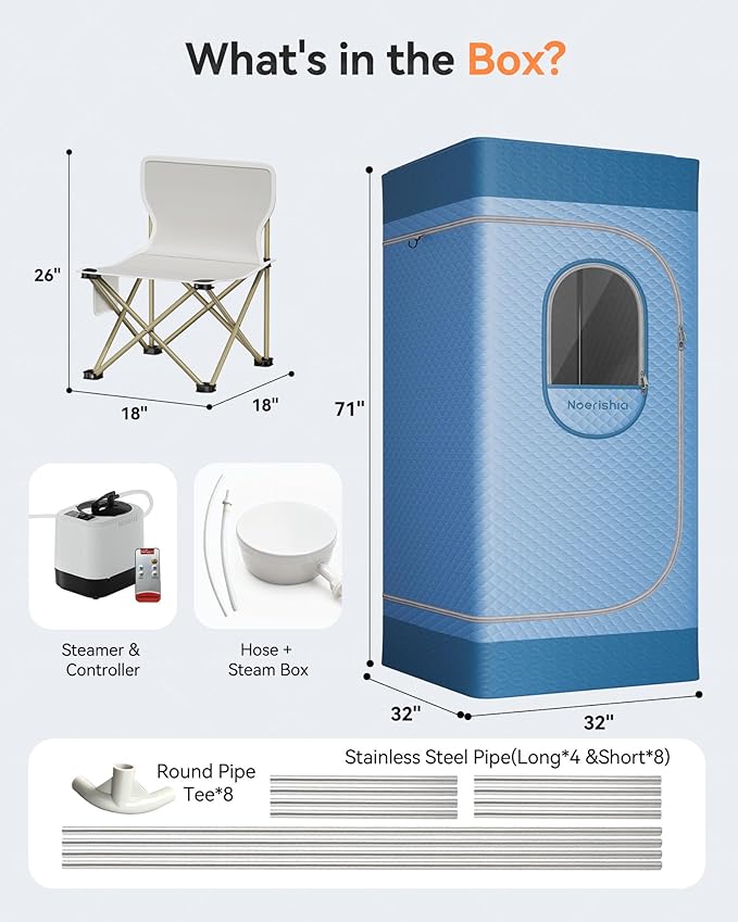 Portable Sauna for Home with 3L 1200W Steamer, Big Folding Chair, 99 Mins Timer, 9 Levels, Pernoanl Steam Sauna Tent Dual YKK Zippers for Home Spa Detoxification, 32' x32' x 71', Light Blue