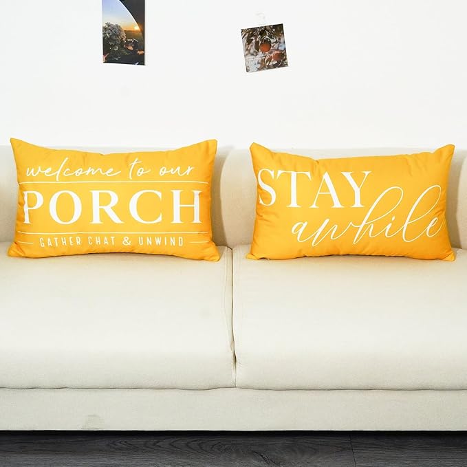 TAJWE Yellow Outdoor Pillow Covers Waterproof 12x20 Set of 2 Welcome to Our Porch Stay Awhile Cushion Cases for Patio Furniture Sofa Couch Decor