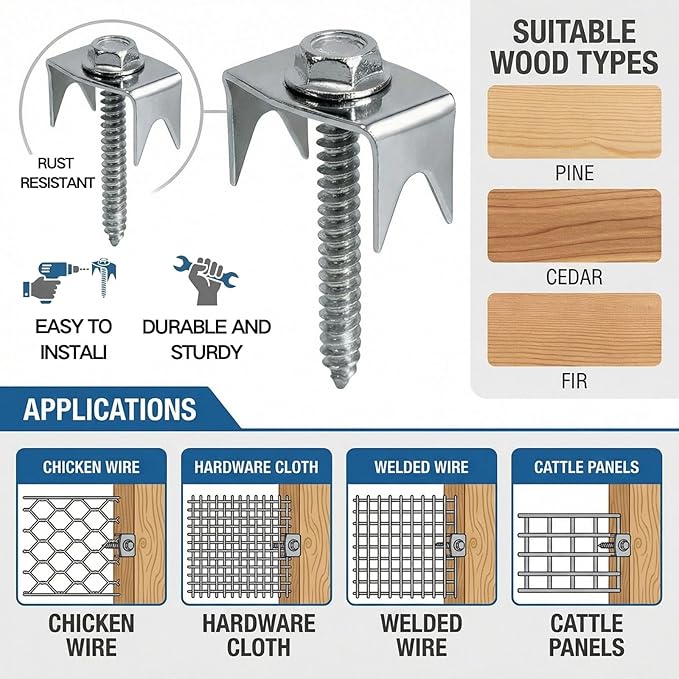 100 Pcs Fence Staples for Wire Fencing, 1.6 Inch Galvanized Steel Fasteners with Hex Socket, Reusable Wire Fence Clips for Chicken Wire, Cattle Panels, and Garden Mesh (100 Pack)