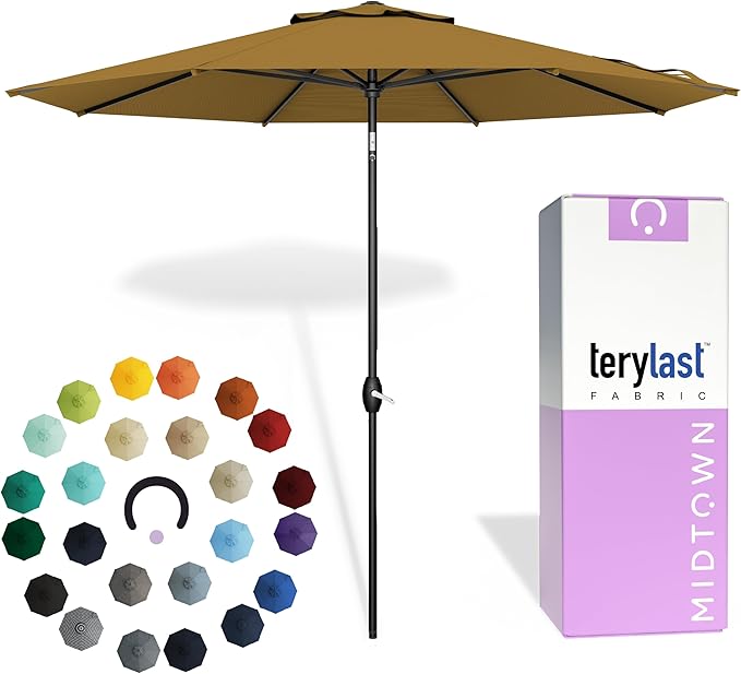 Midtown Umbrellas - 10-Year-No-Fade 9 Ft Patio Umbrella with Terylast Fabric, Auto-Tilt Aluminum Frame and 8 Reinforced Ribs for Deck, Pool, Garden & Beach - Sand Tan Canopy, Black Pole