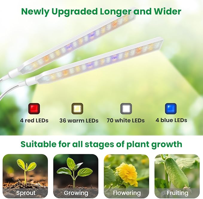 Aumtrly Plant Lights for Indoor Growing, 2 Head 114 LED Full Spectrum Clip on Grow Lights for Indoor Plants with 6/12/16H Timer, 5 Dimming, 3 Light Mode, White Gooseneck Grow Lamp