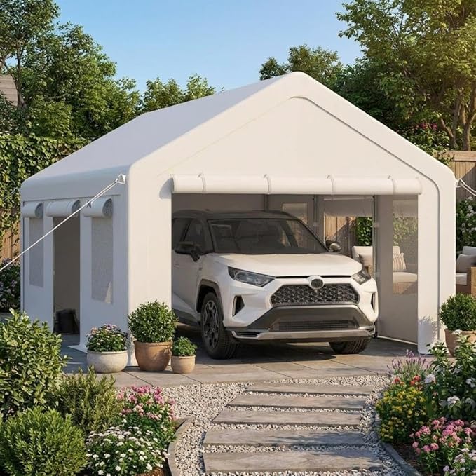 12x20Ft Heavy-Duty Carport, Portable Garage Tent with 2 Roll-Up Doors & 4 Windows, Waterproof & UV-Resistant, All Weather Outdoor Car Port for Pickups, Bass Boats, Tractors, and SUVs, White