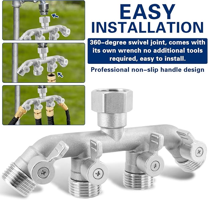 4 Way Garden Hose Splitter, 304 Stainless Steel Outdoor Faucet Splitter with 4 Individual Shut Off Valves, 3/4" GHT High Flow Hose Bib Spigot Connector