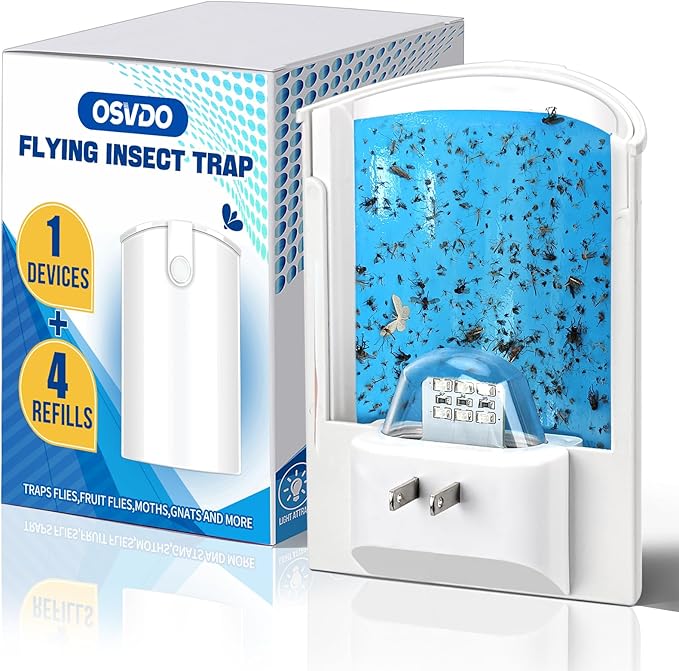 OSVDO Blue UV Light Flying Insect Trap, Plug-in Bug Catcher with 4 Sticky Refills for 100+ Days, Fly Catcher for Flies, Fruit Flies, Gnats, Moths, Silent for Home