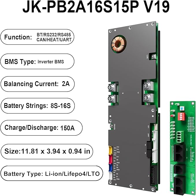 JKBMS Inverter BMS 8S-16S 24V-48V 150A – V19 Home Energy Storage BMS with UART Port, 2A Active Balance, Built-in Bluetooth, RS485 & CAN, for Solar System (JK-PB2A16S15P V19)