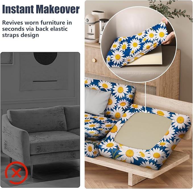 8Pcs Patio Stretch Cushion Covers, Outdoor Couch & Sofa Replacement Slipcovers for Patio Furniture Cushion Covers, Washable Reusable Furniture Protector, Square Large, Daisy Flower