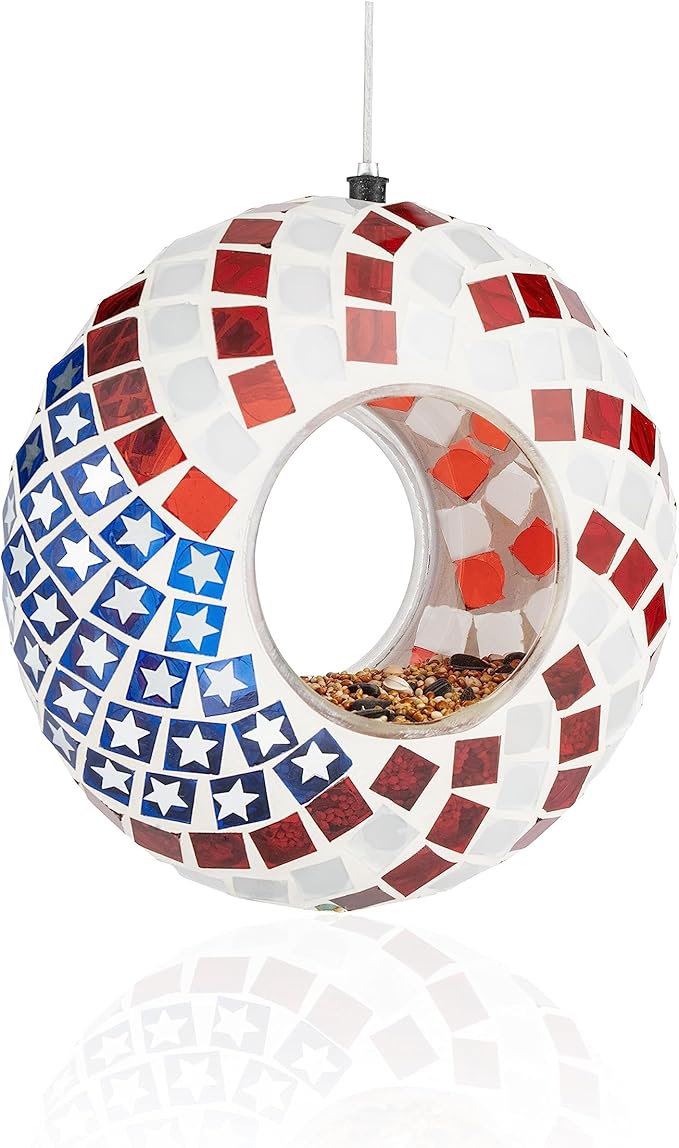 Backyard Expressions Hanging Glass Bird Feeder - Patriotic - Fly Through Bird Feeders for Outside, Mosaic Bird Feeder, Round Shape Wild Birdfeeder