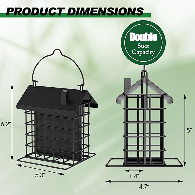 Gbekery All-Metal Double Suet Bird Feeder for Outdoors Hanging, Suet Cake Cage Holder with Weather-Resistant Roof & Perch for Outside Garden, Black