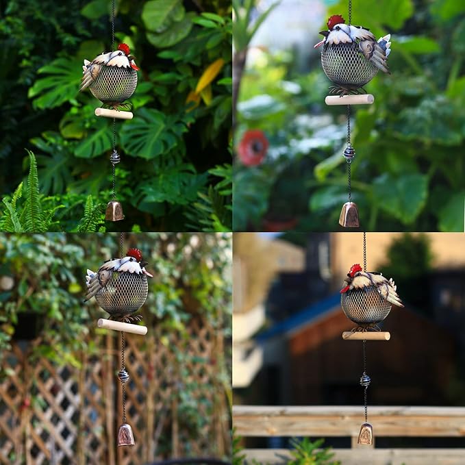 Solar Rooster Bird Feeder Squirrel Proof for Outside - Unique Cute Metal Animal Shaped Wild Bird Feeder with Solar Light, Wind Chime, Gift for Bird Lovers(Rooster)