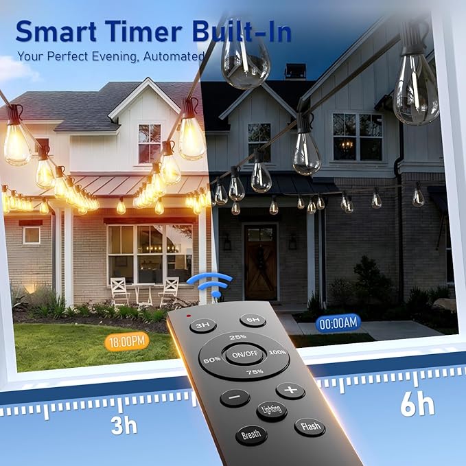50FT LED Outdoor String Lights with Remote, One Continuous Strand Patio Lights with 18+1 Shatterproof S11 Bulbs, Dimmable 2700K Warm White, Timer & 3 Modes, Low Voltage for Backyard Garden