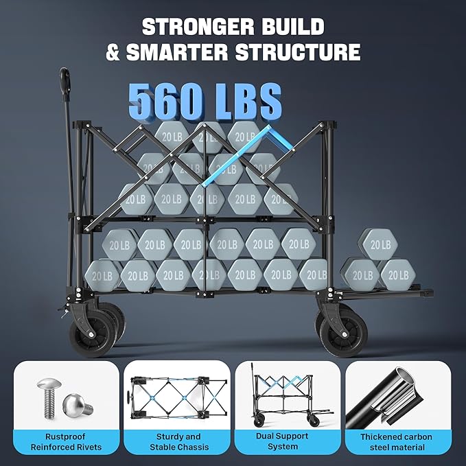 52" Heavy Duty Double Decker Wagon, 650L Collapsible Folding Wagon Cart with Brakes, 560 lbs Load, All-Terrain Big Wheels for Camping, Fishing, Sports and Transport, Black