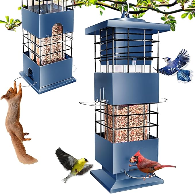 Squirrel Proof Bird Feeder, 3LBS Anti-Squirrel Bird Feeders for Outdoors Hanging,Weight-Activated Perches Metal Wild Birdseed Feeders for Cardinal Blue Jay Outside (Blue)