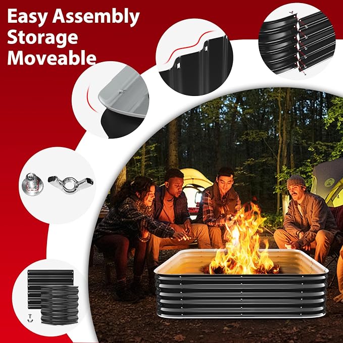 Height 16.5 Inch, Square Galvanized Steel Fire Pit for Outside, Heavy Duty Steel Fire Pit In-Ground for Backyard, Camping, Bonfire, Flower Raised Garden Bed for Garden (4x4x1.5ft)