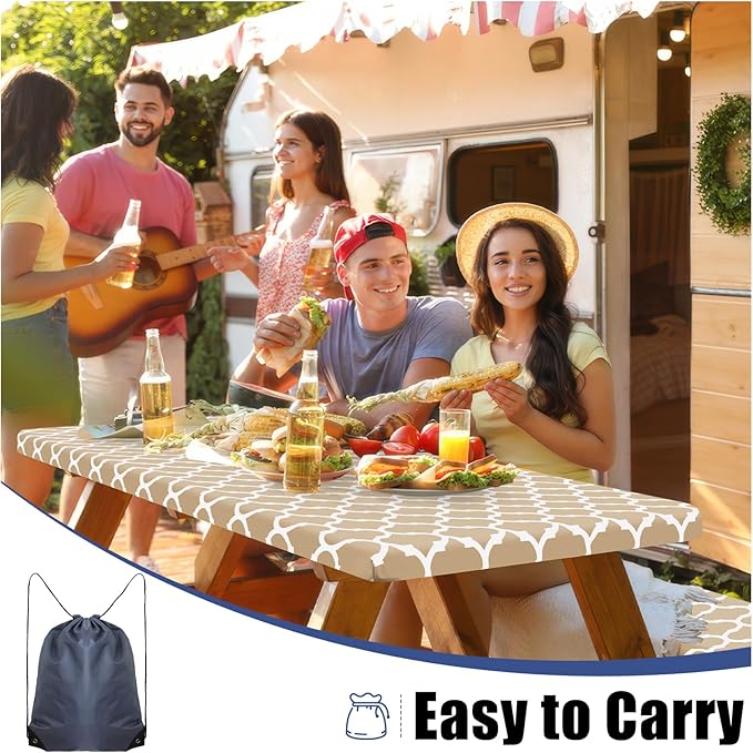 Smiry Picnic Table Cover with Bench Covers, Waterproof Elastic Fitted Tablecloth for 6 Foot Tables, Washable Polyester Tablecloths for Camping, Indoor & Outdoor (Khaki, 30x72 Inch 3-pc Set)
