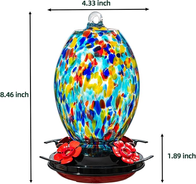 Muse Garden Glass Humming Bird Feeders for Outdoors - 27OZ Blown Glass Hummingbird Feeder - Unique Gift Mom Women Grandparents, Outdoors Hanging Garden Decor, Ant Moat & Brush, Blue Polka Dots
