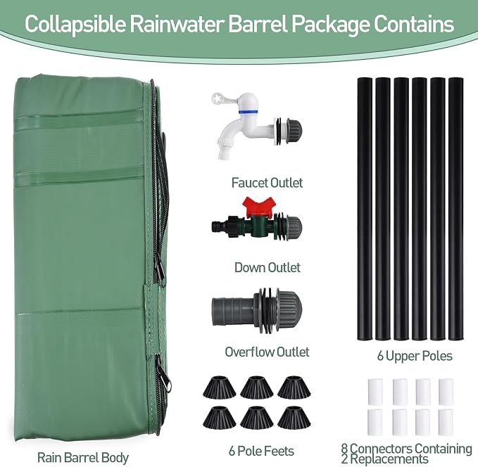 53 Gallon Collapsible Rain Barrel with Zipper Open and 12 Poles | 200L Protable Rainwater Collection System Kit,1000D Oxford,Rain Catcher Barrel for Outdoor Garden Camping