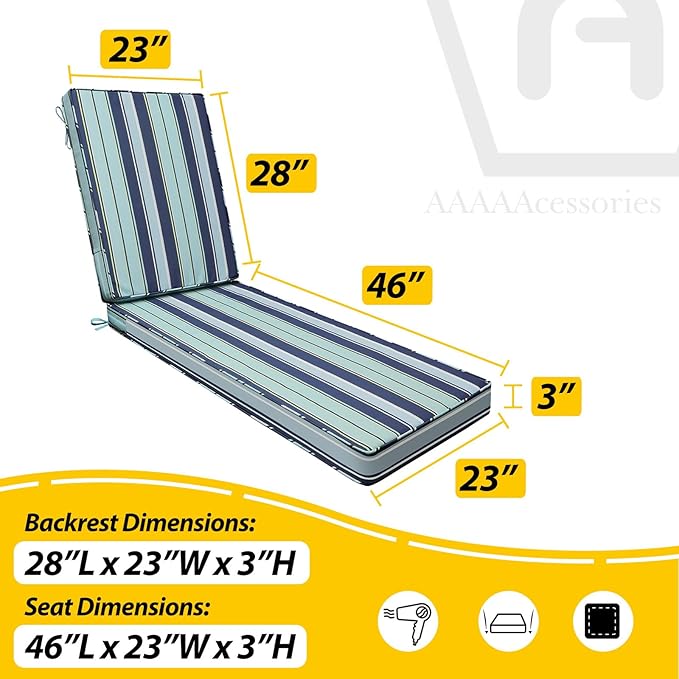 AAAAAcessories Outdoor Chaise Lounge Cushions, Fade-Resistant, Waterproof Patio Furniture Replacement Cushions, 74" x 23" x 3", Ash Teal Seaside Stripe
