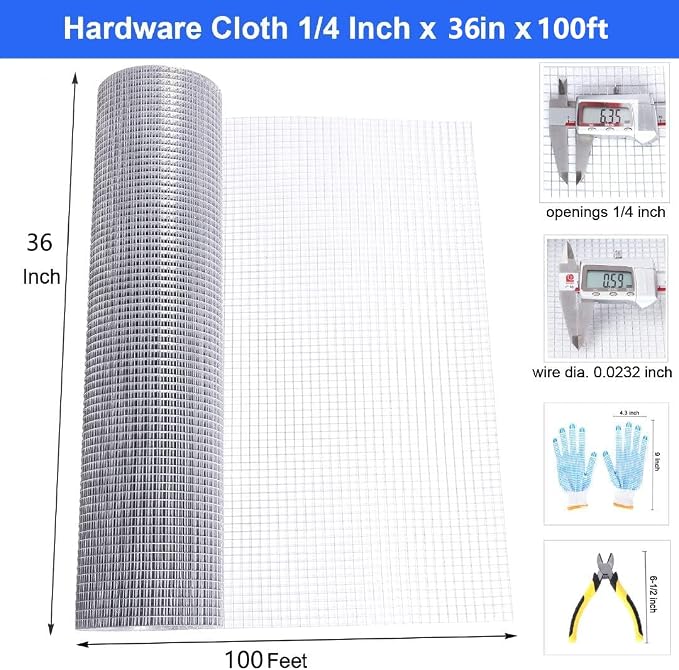 Hardware Cloth 1/4in 36 x 100 ft Hot Dip Galvanized Rust Resistant Welded Wire Mesh,23AWG Square Chicken Wire Fence Garden Plants Fencing,Chicken Coop Rabbit Poultry Critters Metal Cage Roll