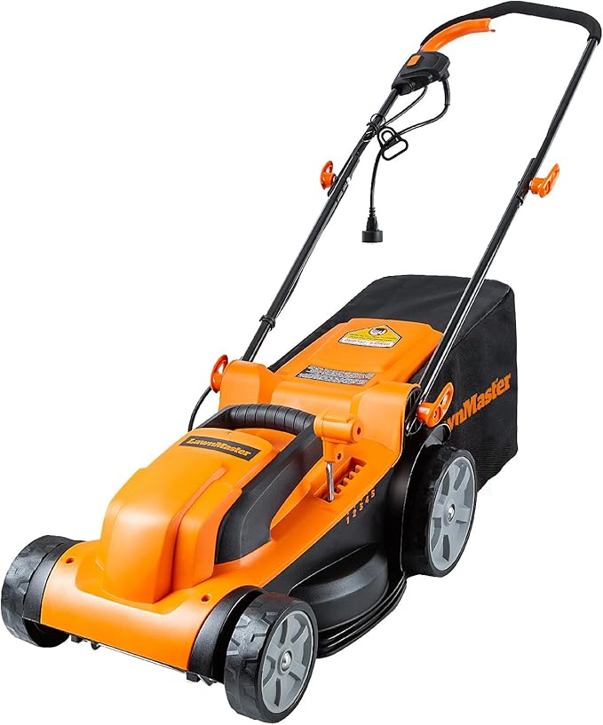 LawnMaster 15-Inch 11AMP Electric Mower and Woods 100-Foot Orange Extension Cord Bundle