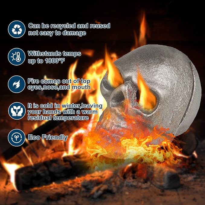 Imitated Human Skull Gas Log for Indoor or Outdoor Fireplaces, Made of Metal, Durable for More Than 10 Years，Fire Pits Halloween Decor Skull Charcoal (Fireproof)(Refractory) (8 PCS)