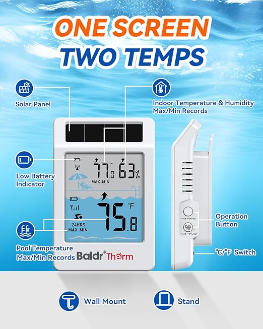 BALDR Wireless Pool Thermometer Floating Easy Read, 2026 Upgrade Solar Powered Water Temperature Gauge with Indoor Monitor, IPX8 Waterproof 500FT Range for Pools,Hot Tubs,Spas, Baths, Aquariums
