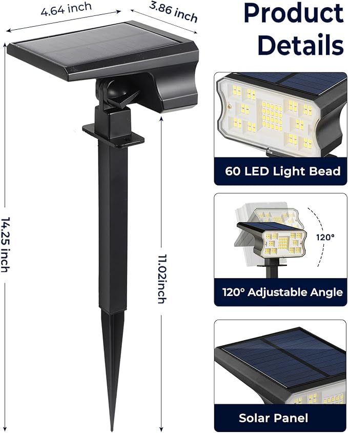 HGGH Solar Lights Outdoor Waterproof IP67, 60 LED 3 Lighting Modes Solar Spot Lights Outdoor for Yard Garden Pathway Landscape, Auto On/Off, Function 2 in 1(Warm White, 4 Pack)