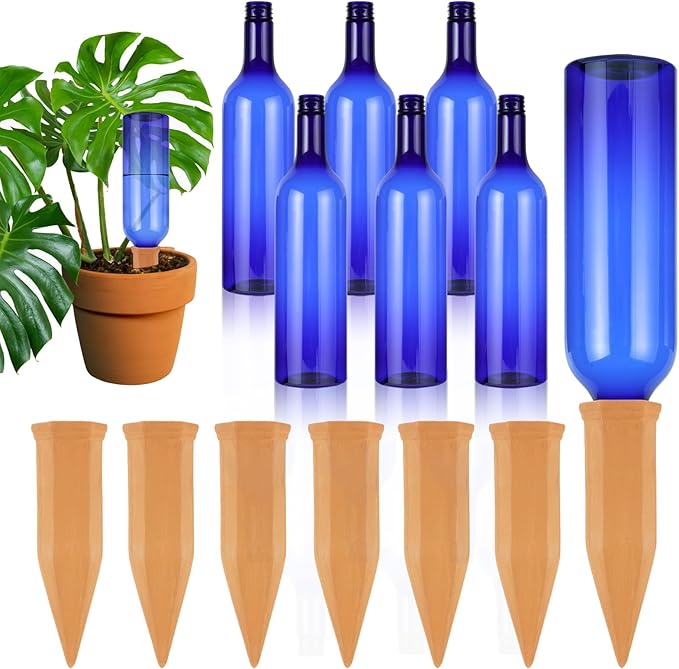 TINSKY 6 Sets Plant Watering Devices Terracotta Self Watering Spikes and 26 Oz Plastic Blue Bottles Slow Release Vacation Plant Waterer Automatic Planter Insert for Indoor Outdoor Plants