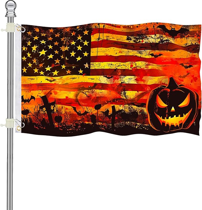 Double Sided Halloween Flag 5x3 FT with 2 Brass Grommets and 19.69ft Ribbon, Orange & Black Stripes Tapestry, Durable Outdoor Halloween Flags for Yard, Porch, or House Decorations
