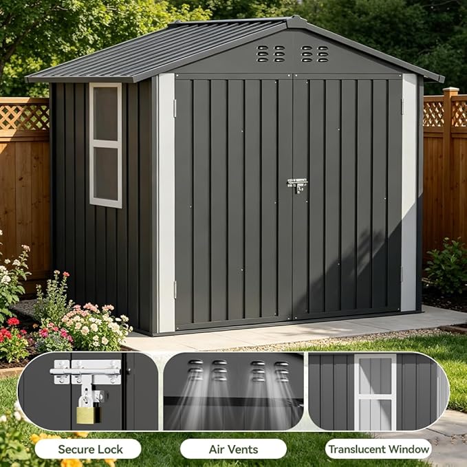 COMHOMA Outdoor Storage Shed with Window,Metal Lockable Garden Toolhouse, Ventilated Weather-Resistant Backyard Utility Workshop for Storage(Light Grey,6x4ft)