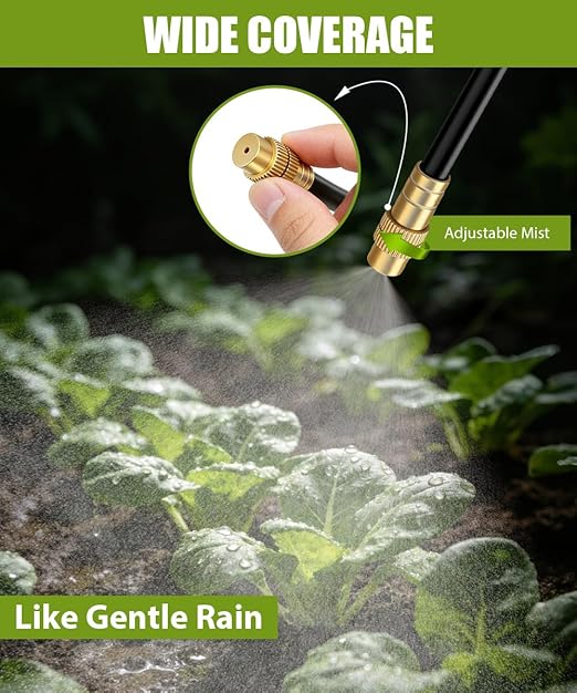 52FT Easy-Snap Garden Irrigation System for Raised Beds & Greenhouses, Upgraded 8mm (5/16") High-Flow PE Tubing with 20 Bendable 360° Copper Nozzles, Quick-Connect Plant Watering Kit