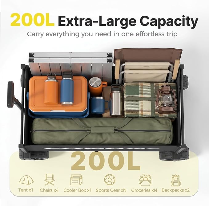 EchoSmile Collapsible Wagon Cart for Camping & Beach - Heavy Duty 400lbs Capacity All-Terrain Cart with Wide Wheels, Portable Folding Utility Wagon for Grocery, Garden, Sports,Black