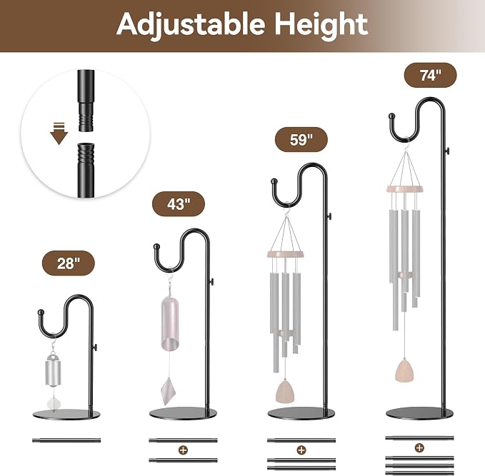74" Shepherds Hook Stand, Adjustable Wind Chime Stand with Heavy Duty Base, Free Standing Plant Hanger Pole for Bird Feeders, Lanterns, Wreaths & Plants, Indoor Outdoor, Holds Up to 20 LBS, Black