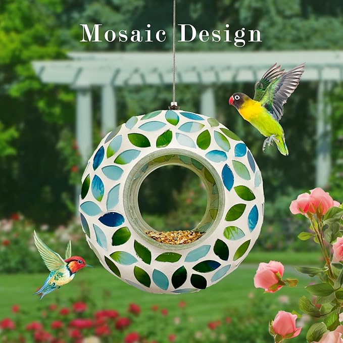 Hanging Bird Feeders for Outdoor Glass Mosaic Fly Through Wild Bird Feeder Round Shape Birdfeeder for Outside Garden Yard Patio Decoration Green