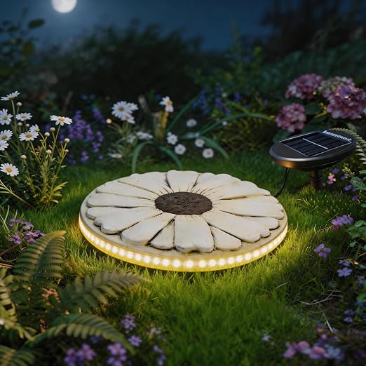 Solar Stepping Stones that Light Up at Night, 2 Pack 10" Cement Daisy Flower Garden Path Stone, Non-Slip Weather-Resistant Outdoor Yard Walkway Decor (White)