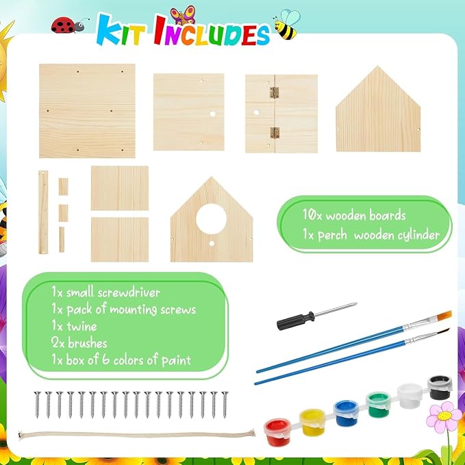 Liliful 2 Sets Wooden DIY Birdhouse Kit, Unfinished Bird Houses with Paints and Paintbrushes, Bird Feeder Craft Arts for Kids Ages 4-8, 8-12, Classroom Activity and Adults Wooden Craft Gifts
