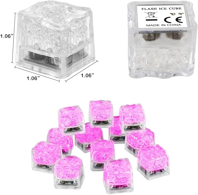 Light Up Ice Cubes for Drinks, 12 PCS Pink LED Ice Cubes Liquid Activated, Glow in The Dark Waterproof Ice Cubes for Home Bar Supplies Summer Party Wedding Decor