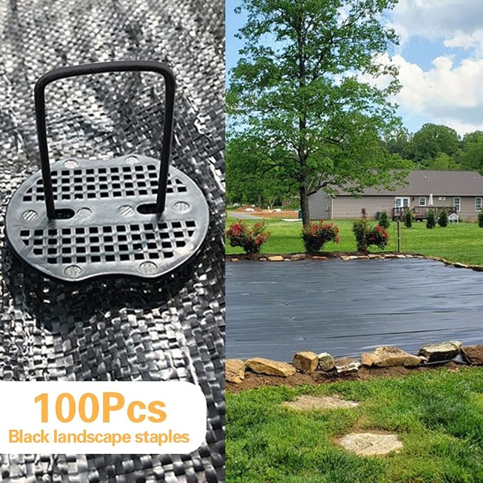 Bakulyor 100pcs Black Landscape Staples + 100pcs Buffer Washer, 6 Inch 11 Gauge Garden Stakes Staples, U Shaped Galvanized Lawn Pins Heavy Duty Yard Ground Pin for Weed Barrier Sod Fabric Decorations