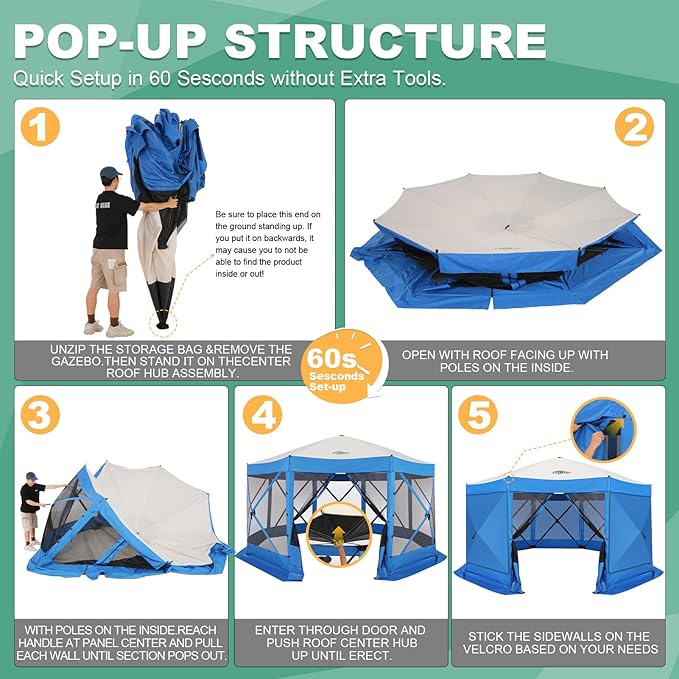 COBIZI 15x15 FT Pop Up Gazebo - Canopy Tent, Large Gazebos On Clearance with Sidewalls, Screened in Gazebo,carpas para Patio,Portable Screen Tents for 12-15 Persons Outdoor Camping, Backyard, Blue