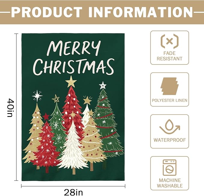 Merry Christmas House Flag 28x40 Inch Forest Green Xmas Tree Holiday Winter Decorative Garden Flags for Outside Double Sided Seasonal Outdoor Home Farmhouse Decoration Porch Yard New Year Decor