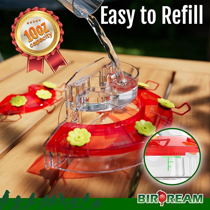 Birdream Window Hummingbird Feeders for Outdoors, with Strong Suction Cups & 7 Feeding Ports, Easy to Use and Maintain, Gift for Bird Lover, Plastic Bird Feeder, 1 Pack, 10oz - Red
